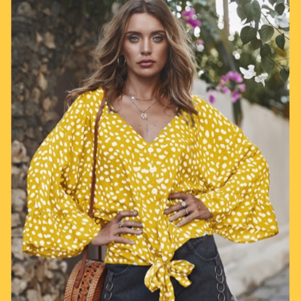 Golden Pebble Dot Print Tie Front Blouse! NEW!
